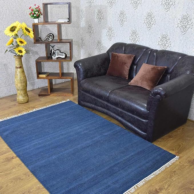 Rugsotic Carpets Hand Woven Flat Weave Kilim Wool ECO-Friendly Area Rugs - 3'x5', Rectangle Shape, Blue Color, Solid Plain Design, Low Pile Handmade Area Rugs for Living Room, Bed Room (D00111)