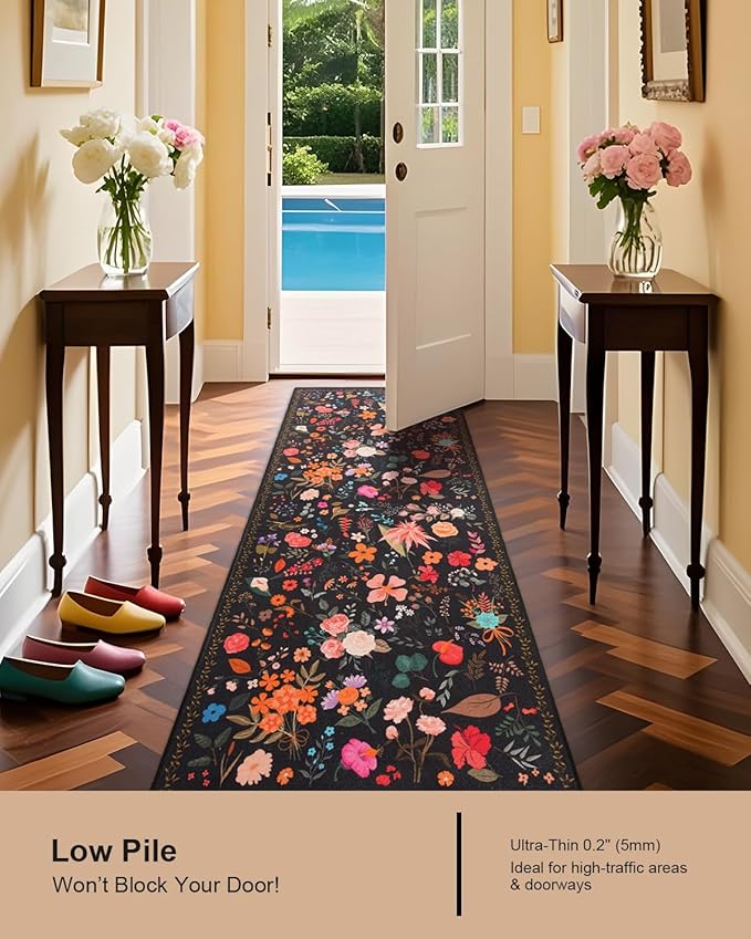 Boho Floral Runner Rug 2x6, Washable Non-Slip Kitchen Rug, Ultra Soft Vintage Carpet for Hallways, Kitchen, Bedroom, Bathroom (Black)