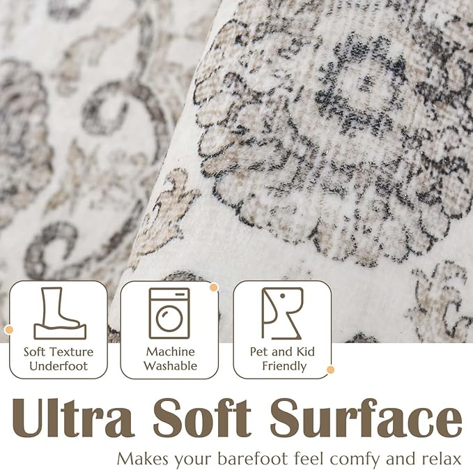 jinchan Floral Area Rugs 4x6 - Machine Washable Vintage Distressed Boho Design Throw Rug Stain Resistant Carpet Low Pile Ultra-Thin Non-Slip for Bedroom Living Room Dining Room Kitchen (4‘x6', Beige)
