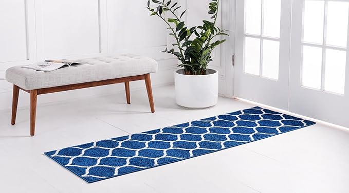 Rugs.com Lattice Frieze Collection Rug – 2' x 13' Runner Navy Blue Medium Rug Perfect for Living Rooms, Large Dining Rooms, Open Floorplans