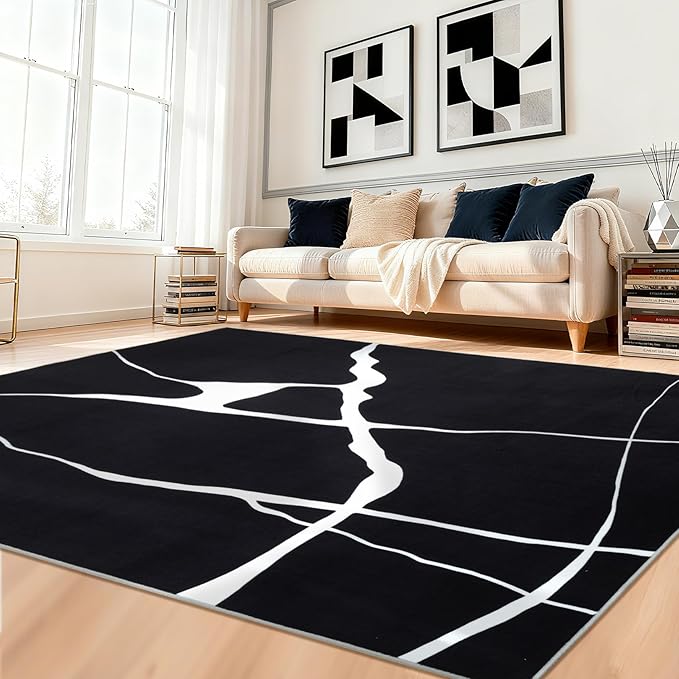 YIHOUSE Abstract Washable Rug 6x9,Ultra Thin Non Slip Black Rugs for Living Room,Modern Minimalist White Stripe Rugs for Bedroom,Dining Room Office Playroom (6'x9',Black-1)