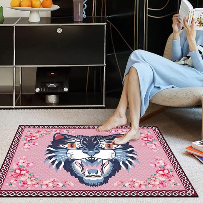 Cartoon Animal Pattern Area Rug Cute Cat Luxury Floral Decor for Carpet Farmhouse Bedroom Living Room Rugs Bathroom Kitchen Runner Mat Indoor Outdoor Non Slip Doormat 5' X 6'