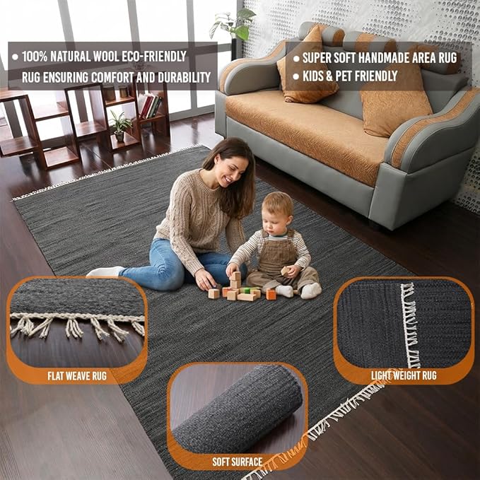 Rugsotic Carpets Hand Woven Flat Weave Kilim Wool ECO-Friendly Area Rugs - 5'x8', Rectangle Shape, Charcoal Color, Solid Plain Design, Low Pile Handmade Rugs for Living Room, Bed Room (D00111)