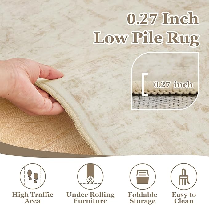 Beige Farmhouse Distressed 8x10 Area Rugs for Living Room, Washable Non Slip Bedroom Rugs Under Bed Faux Wool Soft, Natural Medallion Pinted Thin Carpet for Dining Room Home Office
