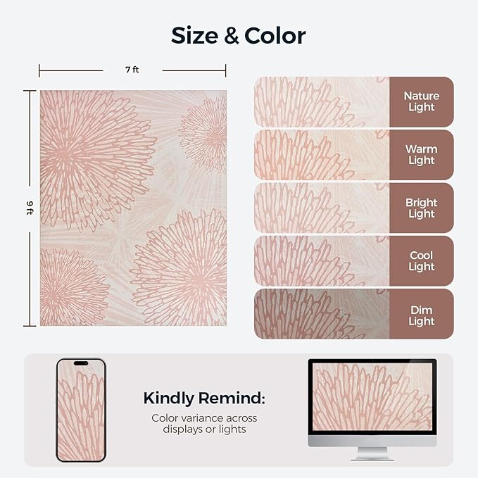 WITSHOCK Pink Rugs 7x9 for Bedroom Girls,Floral Modern Distress Print Pattern Carpet for Living Room Dining Room,Stain Resistant Anti Slip Backing Rugs for Kids Room Nursery Playroom,Light Pink