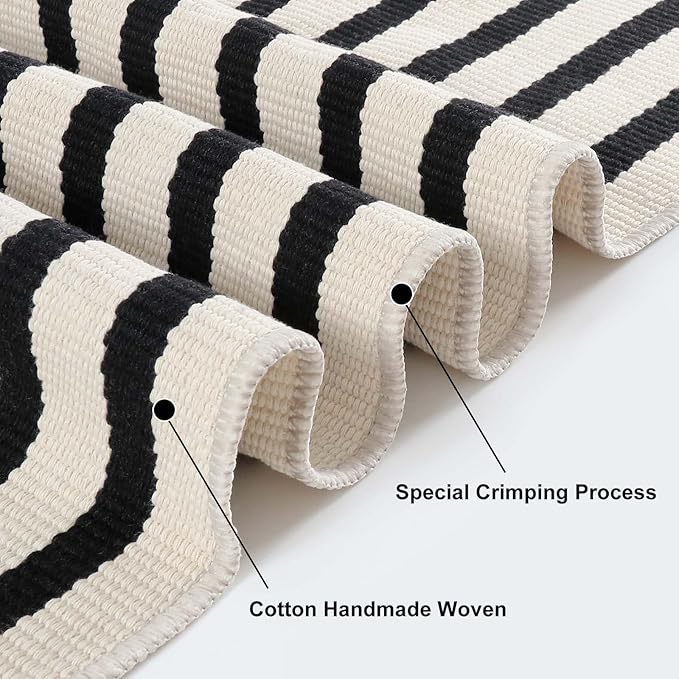 Striped Outdoor Front Door Mat 24"x51", Washable Black and White Rug Runner Cotton Hand Woven Indoor Layered Doormat, Reversible Foldable Door Rugs for Entryway/Farmhouse/Home Entrance