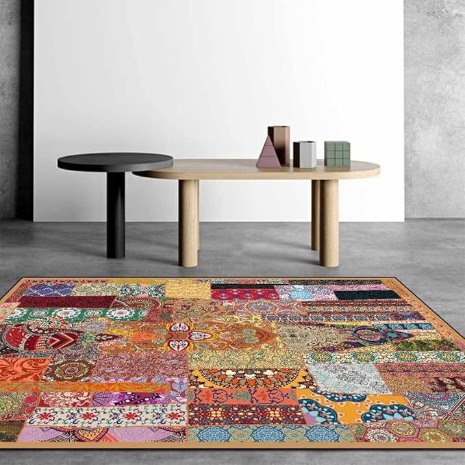 Vintage Boho Area Rugs Multicolor Ethnic Style Geometric Splicing Carpets Bedroom Living Room Kitchen Floor Mats Indoor Outdoor Non-Shedding Runner Rug Home Décor Carpet 3' X 5'