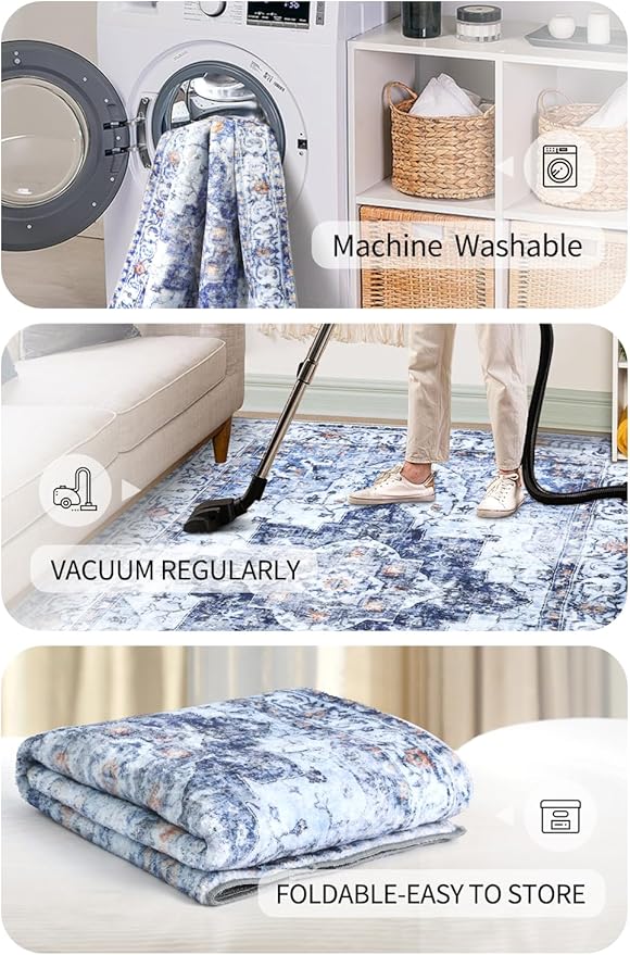 COMSLE Washable Door Mat, Front Door Mat Indoor Faux Wool Absorbent Small Rugs for Entryway Distressed Throw Rug Non-Slip Accent Floor Carpet for Entrance Bedroom, 24X48 Inches Blue