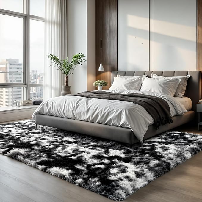 Zentavio Black and White Area Rugs for Living Room Large Rugs for Bedroom 5x8 Soft Carpet Fluffy Furry Shag Aesthetic Plush High Pile Gray Throw Rug for Nursery Kids Room Dorm Tie-Dyed