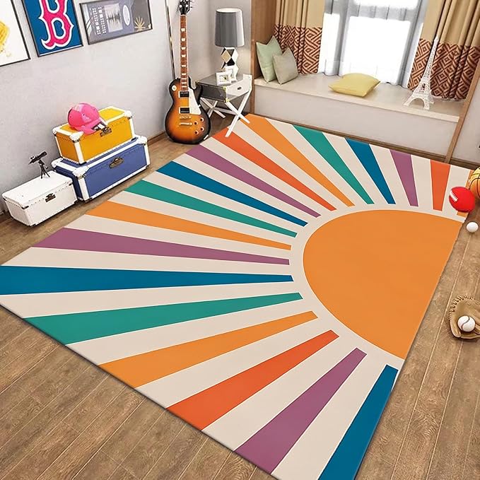 Rainbow Sun Area Rug,5x6ft,Colorful Boho Style Rug, Non-Slip Machine Washable Easy Care Carpet for Kids Girls Boys Bedroom, Living Room, Classroom, Office Decor
