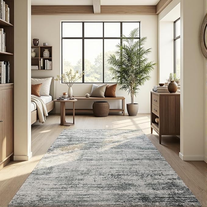 Area Rug 8x10 Washable Rug Grey for Living Room, Dining Room, Bedroom, Large Carpets, Non Slip & Non-Shedding Low Pile Vintage Print Rug for Home Office Decor