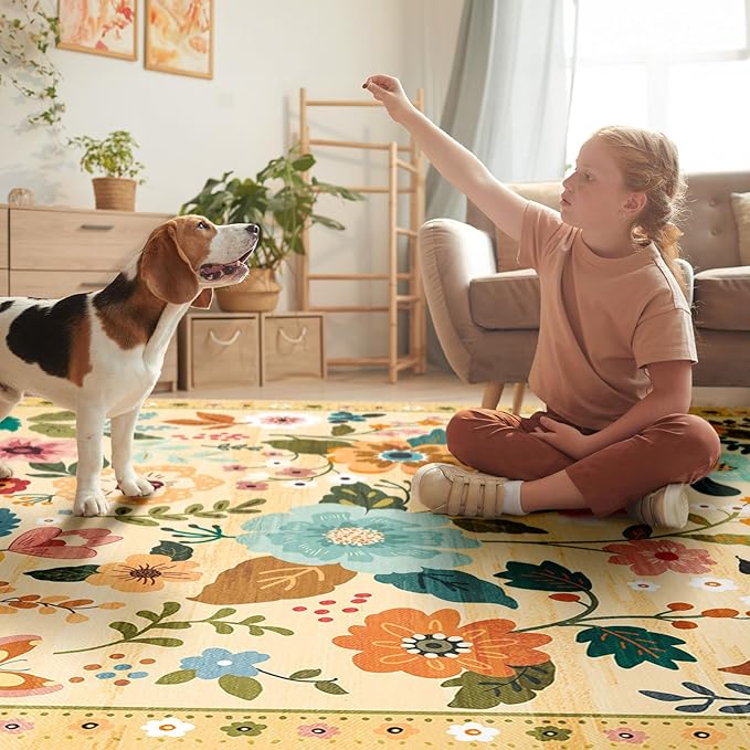 Floral 5x7 Area Rug Machine Washable Soft Print Boho Carpet Non Slip Doormat Low Pile Flower Area Rugs for Living Room Bedroom Nursery Kitchen Dining Room Indoor-Ivory/Yellow