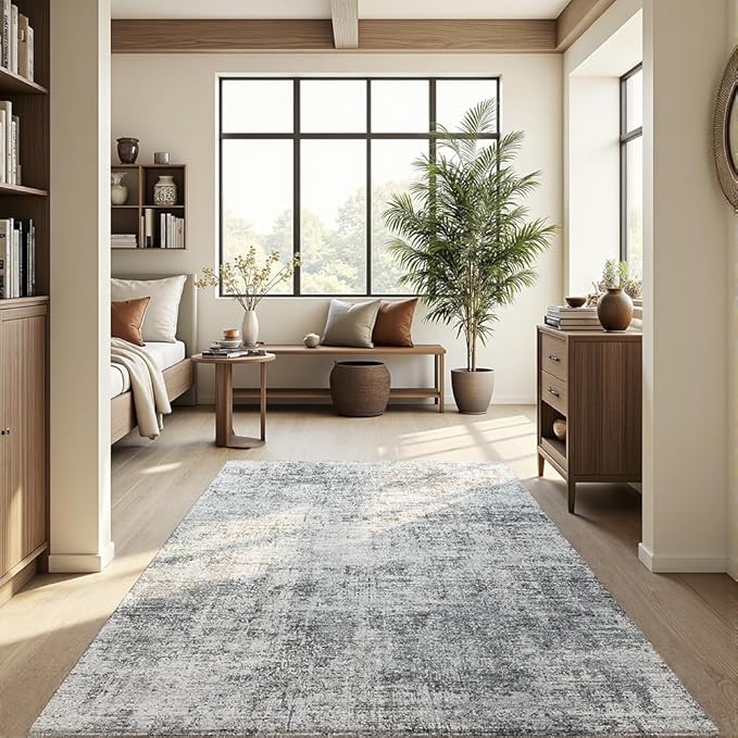 Area Rug 6x9 Washable Rug Light Grey for Living Room, Dining Room, Bedroom, Large Carpets, Non Slip & Non-Shedding Low Pile Vintage Print Rug for Home Office Decor