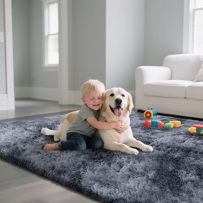 Fluffy Rug Shaggy Area Rug, Mottling Dark Grey 4x6 Area Rugs for Bedroom, Small Bedside Rug, Soft Fluffy Shaggy Entryway Throw Rugs for Living Room Bedroom Kids Room Home Decor