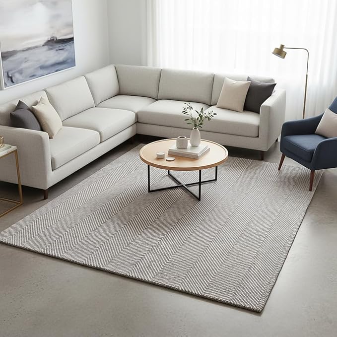 Modern Herringbone Chevron Collection Handcrafted Wool Area Rug - Durable, Zigzag Pattern, for High Traffic, Contemporary Design for Living Room, Bedroom, Dining Room Decor (Smoke Grey, 7' round)