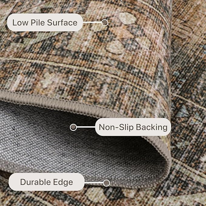 Bavni Washable Rug 9x12 Area Rug for Living Room Bedroom Dining, Washable Vintage Print Carpet, Ultra-Thin Chenille Low Pile Lightweight Rug with Non Slip Backing, Warm Taupe