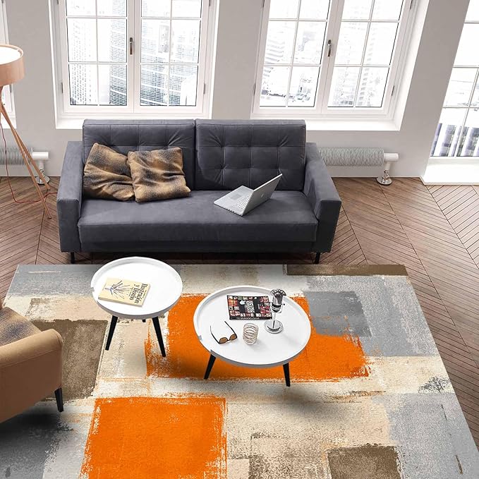 Orange Rectangular Area Rugs for Living Room Bedroom 2.8 x 5 ft Abstract Paint Texture Modern Art Non-Shedding Soft Low Pile Rug Non Slip Washable Rug for Nursery Entryway Playroom