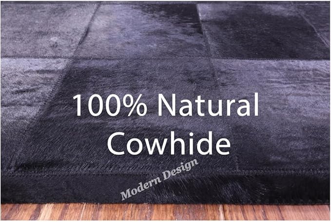 Modern Design Premium Cowhide Leather Carpet with Chevron Pattern, Area Rug (Black, 9x12)