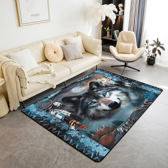 Western Wolf 3 x 5 Area Rug Bohemian Dream Catchers Rugs for Living Room | Woodland Animals Washable Rug, Dreamcatcher Wildlife Carpet Indoor Floor Mat