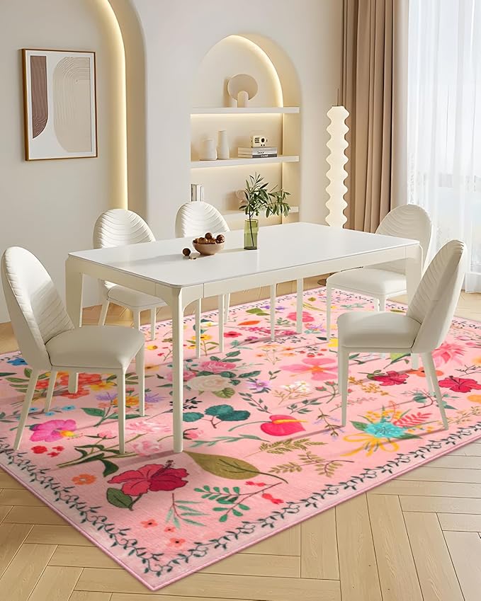 Boho Washable Area Rug 5x7 – Floral Low Pile Non-Slip Carpet for Living Room, Bedroom, Office, Playroom, Entryway, Kitchen, Dining Room (Pink)