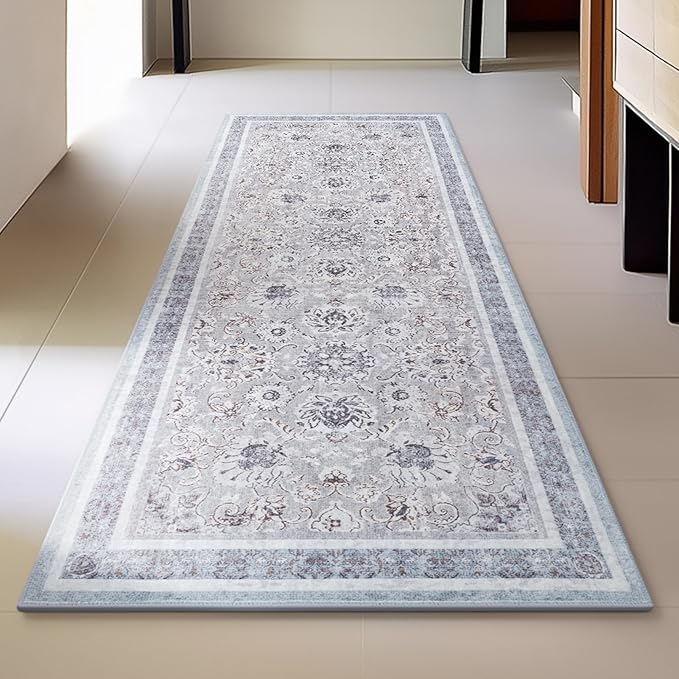 Phantoscope Washable Runner Rug 2'x6' Non-Slip, Vintage Neutral Hallway Rugs for Entryway, Stair, Bedroom, Distressed Boho Floral Medallion Pattern, Low-Pile Foldable Carpet, Light Grey/Neutral