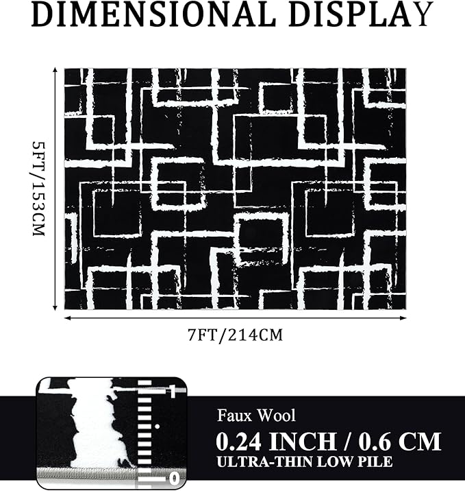 YIHOUSE Black Modern Geometric Area Rug 5x7, Black and White Rug with Abstract Rectangular Patterns,Non-Shedding Washable Rugs for Bedroom, Home Office and Small Living Room