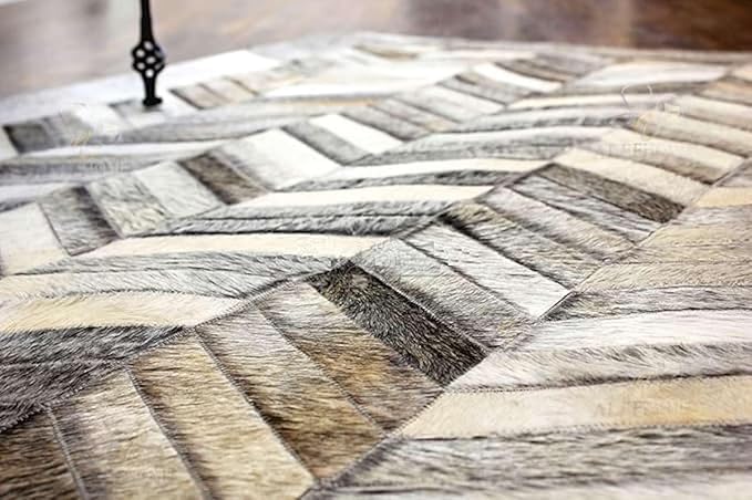 Chevron Pattern Faux Cowhide Area Rug | Non-Slip Leather Carpet for Living Room, Bedroom, and Office | Modern Designer Rug for Home Décor(3x8 ft_Grey)