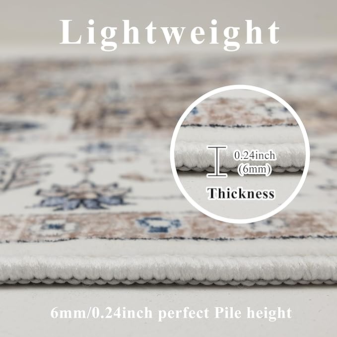 9x12 Area Rug Living Room Rugs, Stain Resistant Washable Rug, Vintage Large Non-Slip Backing, Low Pile Lightweight Print Rug for Bedroom Dinning Room Home Office (Taupe/Blue)