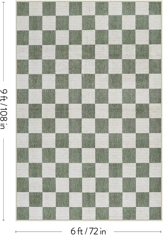 LIVEBOX Machine Washable Area Rug 6x9 Checkered, Non Slip Soft Large Bedroom Living Room Rug Farmhouse Neutral Classic Geometric Pattern Boys Rug, Indoor Carpet for Den Dorm Playroom(Sage Green,6'x9')