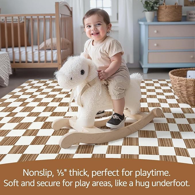 jinchan Runner Rug 2x5 Hallway Washable Modern Checkered Geometric Lattice Kids Bedroom Rug Indoor Floor Cover Non Slip Soft Carpet for Nursery Room Kitchen Laundry Room Home Brown