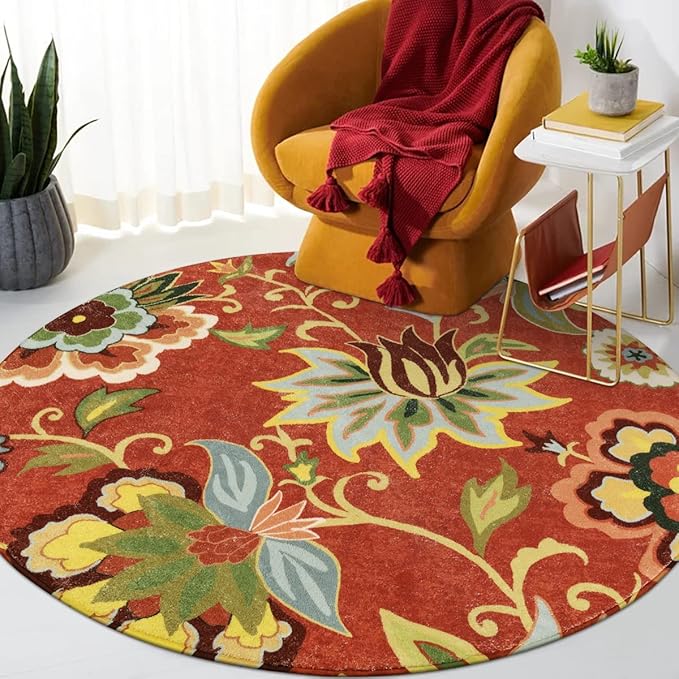 Lahome Red Floral 3 ft Round Rug, Washable Christmas Round Area Rugs Small Non Slip Entryway Mat, Throw Circle Vintage Distressed Door Mat Soft Floor Carpet for Bedroom Living Room Kitchen Office