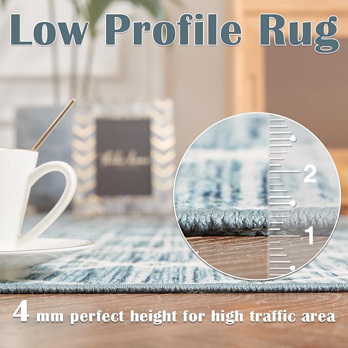 jinchan Moroccan 5x7 Area Rugs for Bedroom - Machine Washable Soft Modern Geometric Stain Resistant Non-Slip Ultra-Thin Low-Pile Faux Wool Carpet for Living Room Kitchen Dining Room (5x7ft, Teal Blue)