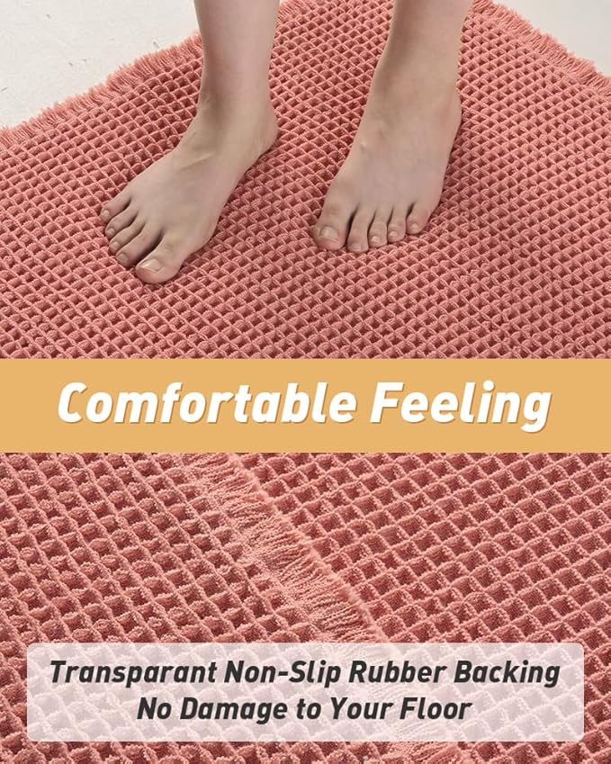 AMOAMI Upgraded Waffle Bath Mat, Super Absorbent Non Slip Bath Mats for Bathroom Floor, Machine Washable Bathroom Rugs with Tassels, Rubber Backed Bathroom Mats, Ultra Soft, 17" x 24", Coral