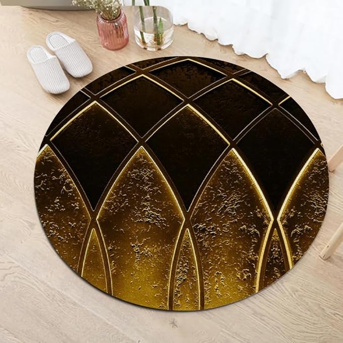 Luxury Black Gold Round Rug Vintage Golden Texture Living Room Circle Area Rugs 3ft Washable Soft Non Slip Low Pile Indoor Floor Carpet for Bedroom Office Kitchen Coffee Table