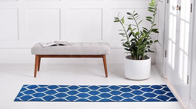 Rugs.com Lattice Frieze Collection Rug – 2' x 10' Runner Navy Blue Medium Rug Perfect for Living Rooms, Large Dining Rooms, Open Floorplans