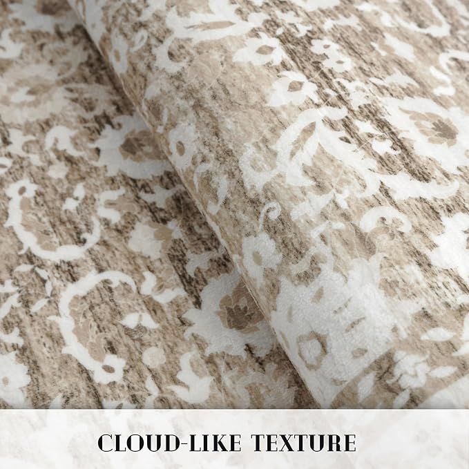 Vintage 4x6 Living Room Washable Rug, Beige Tan White Non-Slip Soft Bedroom Area Rug Thin Printed Faux Wool Floor Super Soft Carpet Throw Rugs for Nursery Playroom Dining Room Indoor Office