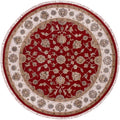 Exotic Red Hand Knotted All Over Leaf Pattern Wool and Silk Rajasthan Design Round Rug (6'x6')