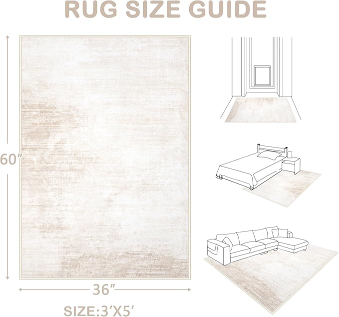 Area Rug 3x5 Washable Rug: Living Room Modern Abstract Rug Soft Non Slip Neutral Rugs Stain Resistant Small Rug Indoor Door Mat for Bedroom Kitchen Nursery Hallway Entryway Office(Beige,3'x5')