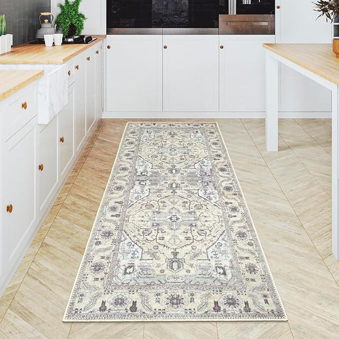 GLN Rugs Traditional Collection - Machine Washable Area Rug, Traditional Washable, Non Slip, Low Pile Chenille Rug, Living Room, Bedroom, Kitchen Rug (2'6" x 7' Cream/Gray)