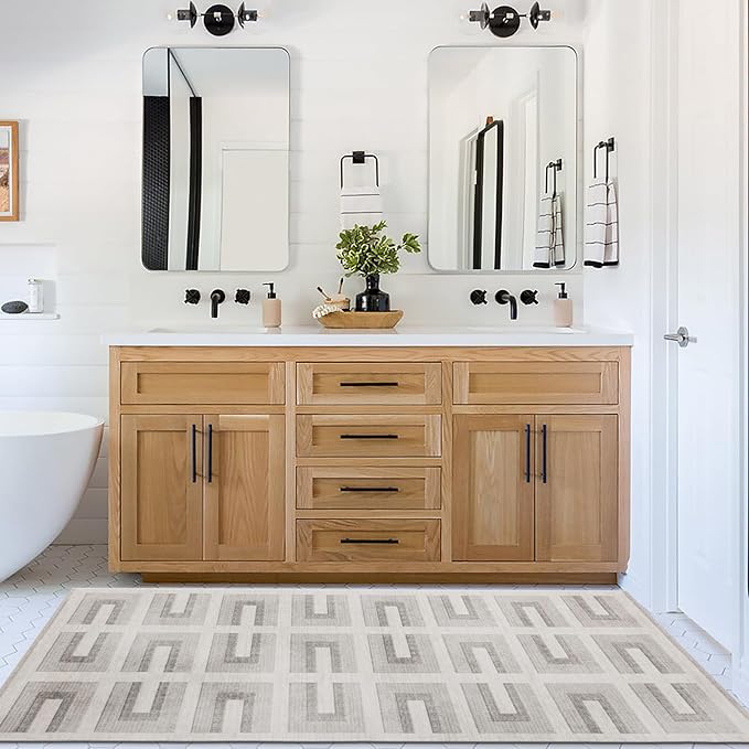 ReaLife Rugs Machine Washable Area Rug Runner - Living Room Bedroom Bathroom Kitchen Entryway Office - Non-Slip Baking Low Pile Stain Resistant Premium - Modern Geometric - Remi - Beige 2'6" x 8'