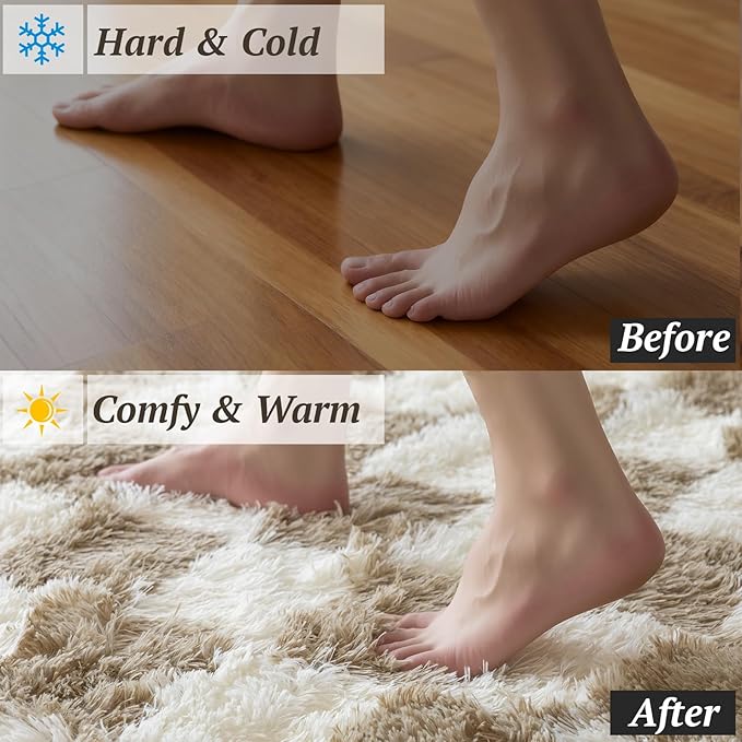 5x7 Area Rugs for Living Room Bedroom, Soft Fluffy Shaggy Bedside Rug, Indoor Floor Carpet for Kids Playroom, Dorms, Nursery Rooms, Home Decor (Camel & White 5'x7')