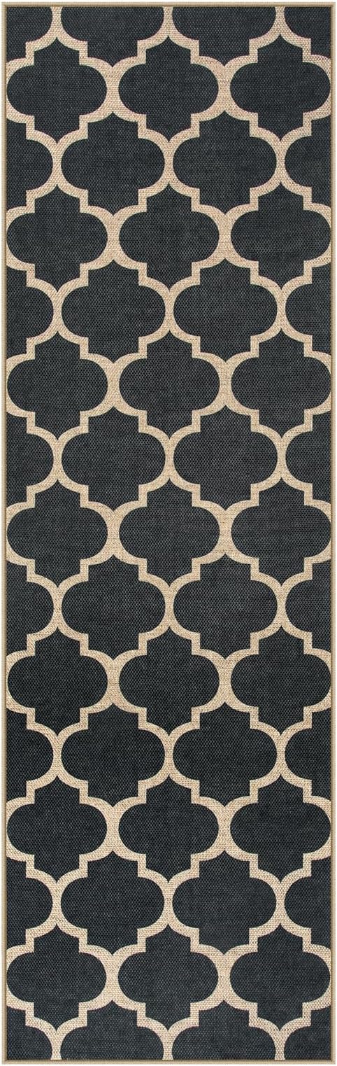 Lahome Moroccan Easy Jute Runner Rug, Black Washable Runner Rugs for Outdoor Porch Hallway, Geometric Trellis Woven Long Carpet for Doorway, Thin Non Slip Outdoor Decor, 2'6'' x 8'