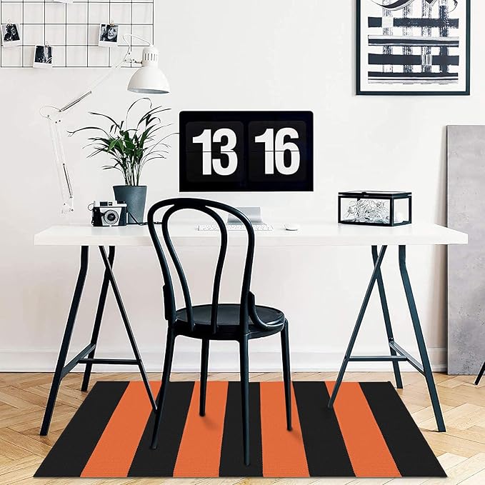KOZYFLY Orange and Black Striped Rug Doormat 2x3 Ft Halloween Fall Cotton Woven Washable Indoor Outdoor Rugs for Layered Door Mats Porch/Kitchen/Farmhouse