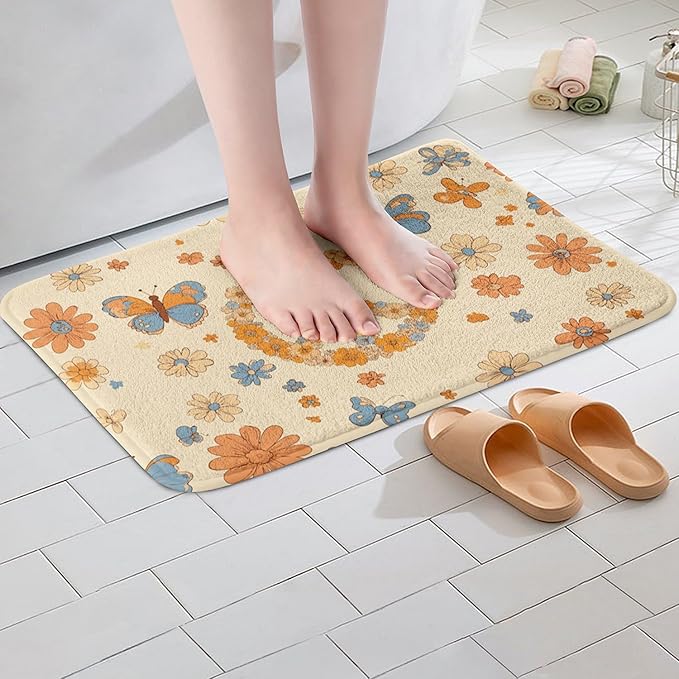 Erosebridal Groovy Party Decorations Bathroom Mat for Girls Women Peace Sign Decor Microfiber Bath Rug Hippie Butterfly 3D Entryway Door Mat 16x24 Cute Kawaii Florals Bath Mat Honey Bee Gifts for Kids