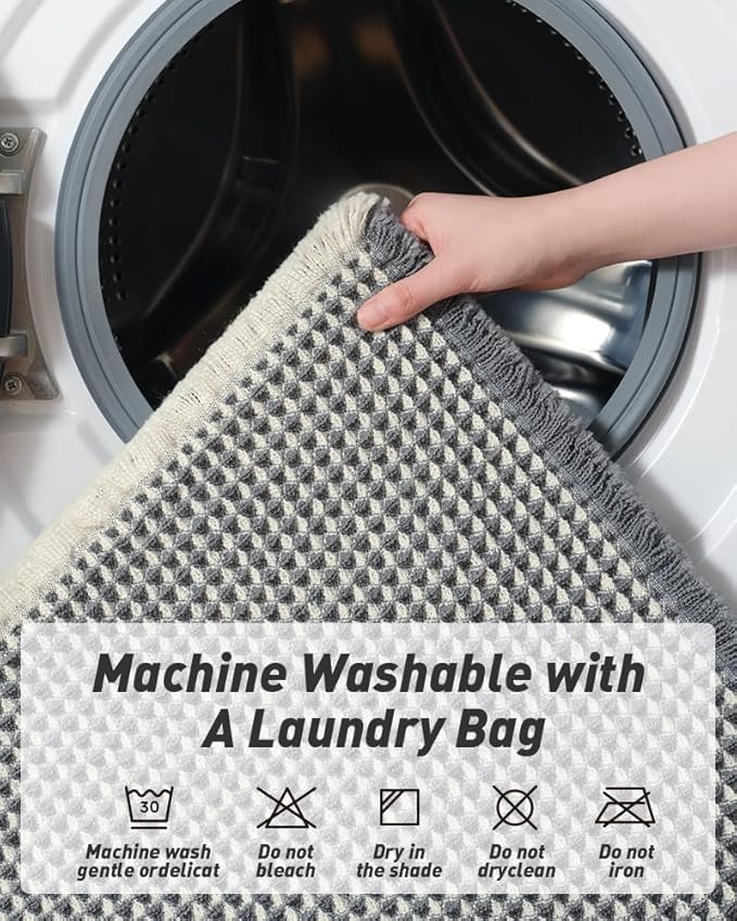 Upgraded Waffle Runner Rug Super Absorbent Non Slip Bath Mats for Bathroom Machine Washable Bathroom Runner Rug with Tassels, Ideal for Hallway Bedroom Laundry Room, 17" x 48", DarkGrey & Cream