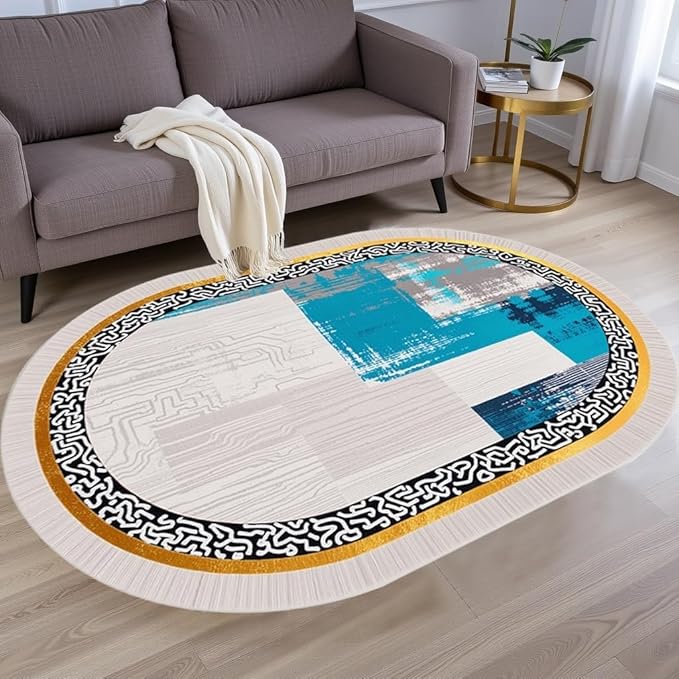 Vintage Luxury Grey Blue Gold Abstract Geometric Texture Oval Area Rug 12x14 for Living Room Bedroom Dining Room Minimalist Bordered Large Rugs Nursery Dorm Kitchen Entryway Soft Non Skid Floor Carpet