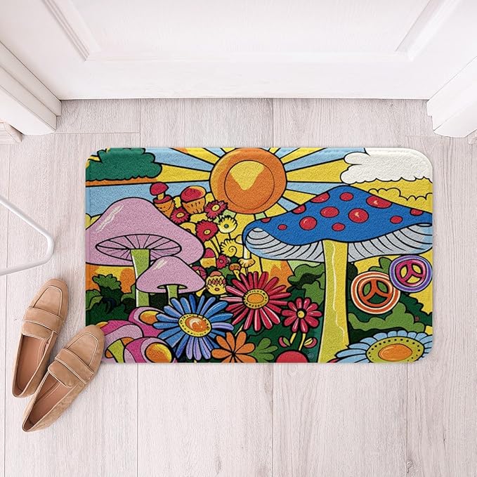 Kawaii Mushroom Bathroom Rugs Boho Sun Bath Mat Hippie Groovy Floral Non Slip Bath Rugs 60s 70s Retro Vintage Theme Fluffy Plush Rugs 16x24 Chic Daisy Flower Shower Carpet Geometric Striped Decor