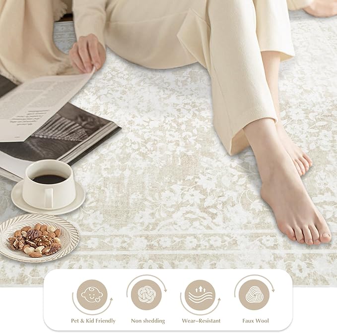 Vintage Living Room Area Rug - 6x9 Large Machine Washable Boho Area Rug Distressed Floral Rugs for Bedroom, Soft Non-Slip Indoor Floor Accent Rugs for Office Dining Room (Cream Beige, 6'x9')