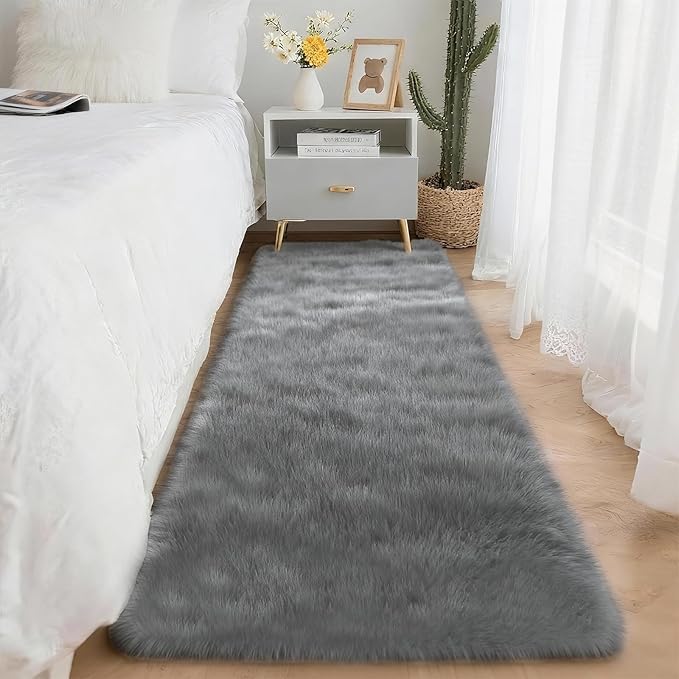 2x6 Solid Fluffy Grey Area Rug – Washable, Durable, Small Bedroom Runner Rug, Non-Slip Shag Rugs for Hallway, Living Room, Bedroom, Bedside, Dorms, Kids Room, Nursery Rooms, Soft Indoor Carpet