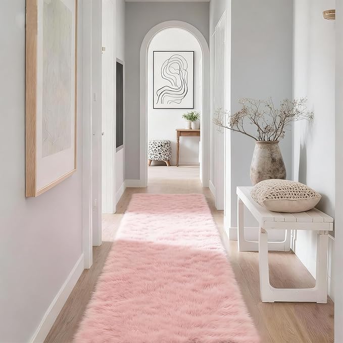 2x6 Solid Fluffy Pink Area Rug – Washable, Durable, Small Bedroom Runner Rug, Non-Slip Shag Rugs for Hallway, Girls Room, Living Room, Bedroom, Bedside, Dorms, Kids Room, Sofa Coffee Table